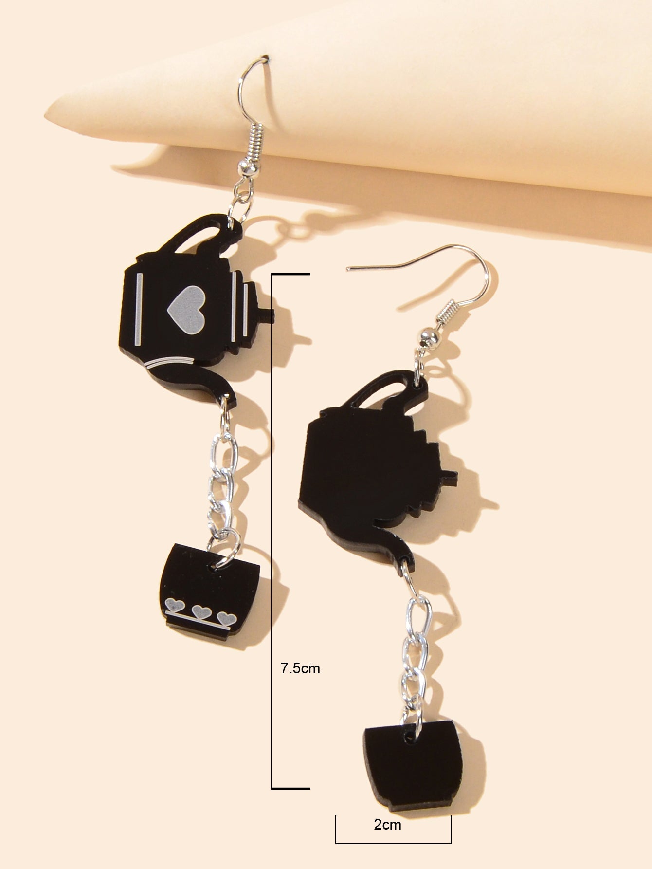 Heart Pattern Black Resin Teapot Cup Dangle Punk Hip Hop Earrings Teens Jewelry