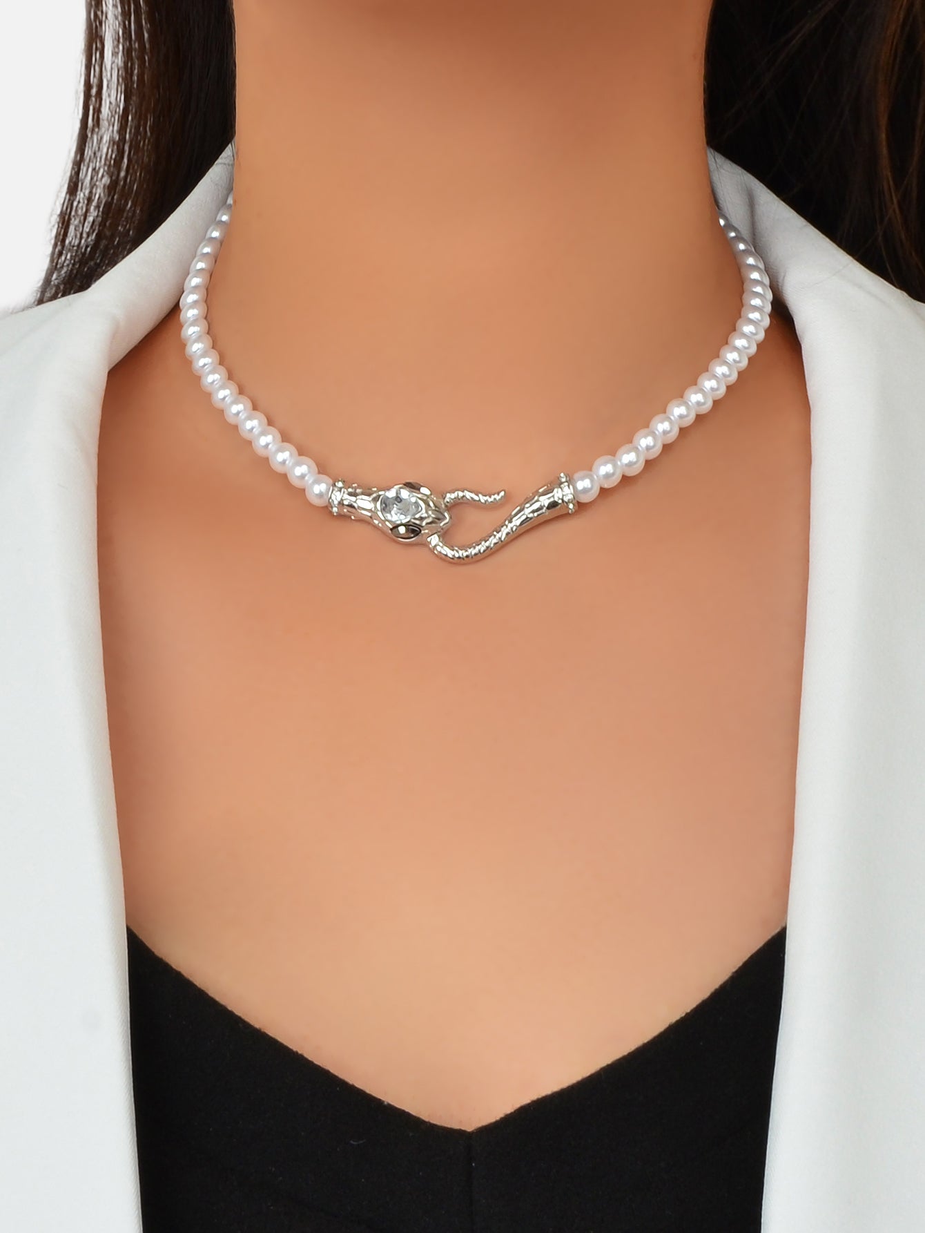 Punk Retro Pearl Beads Chain Gold Silver Snake Short Clavicle Statement Necklace