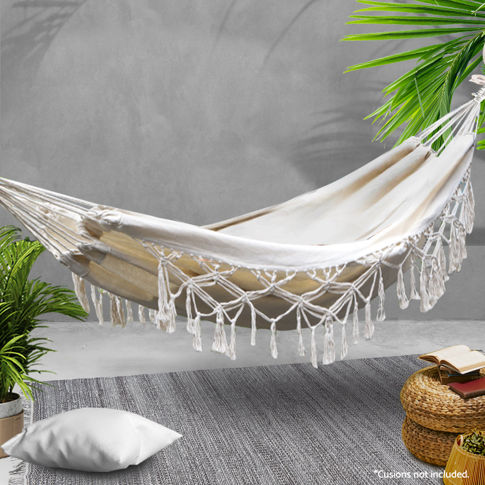 NNEDSZ Hanging Tassel Hammock Swing Bed Cream