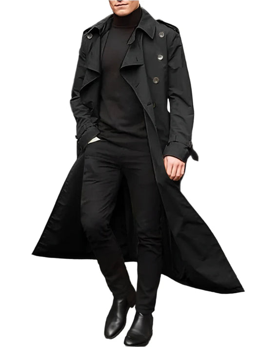 Men's Long Streetwear Trench Coat with Epaulets (Black)