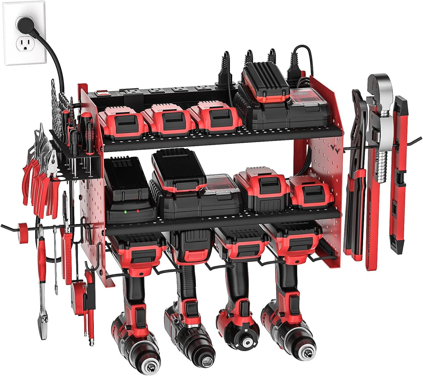 Power Tools Organizer Wall Mount, Cordless Drill Holder with 8-Outlet Power Strip, Modular Garage Organization Storage Rack 36 Months Warranty