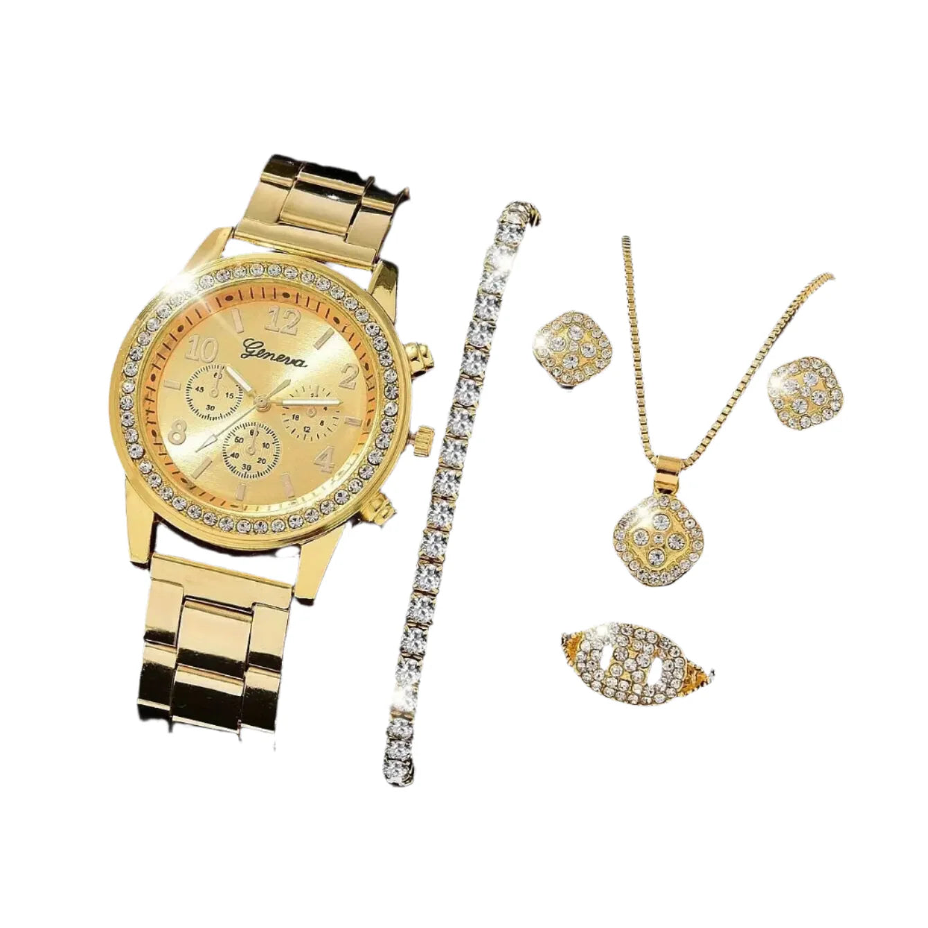 NNEOBA Women’s Luxury Gold Watch Jewelry Set (5PCS)