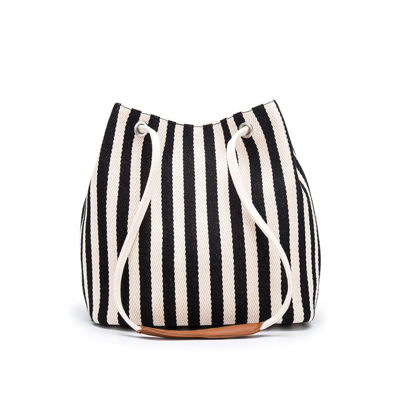 NNEDSZ Black Stripes Canvas Bucket Tote Bag with Leather Handle