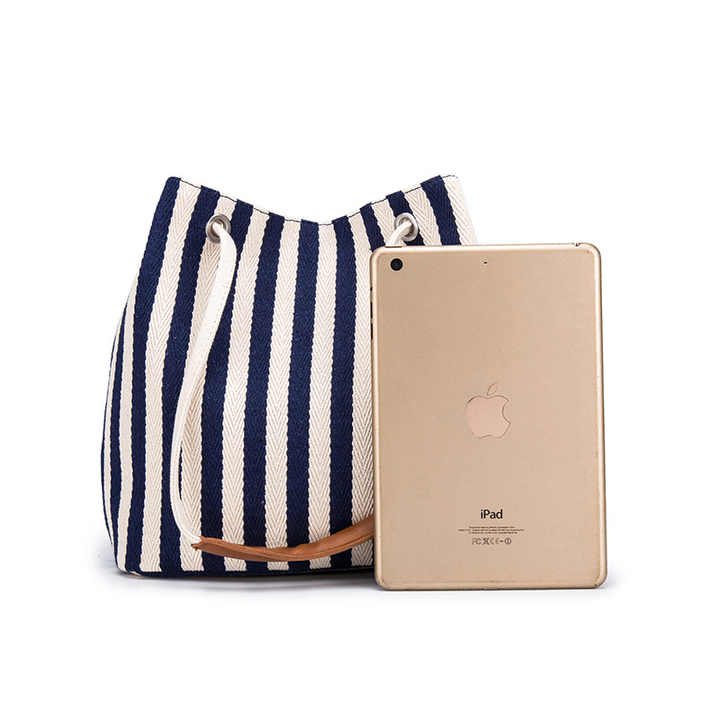 NNEDSZ Black Stripes Canvas Bucket Tote Bag with Leather Handle