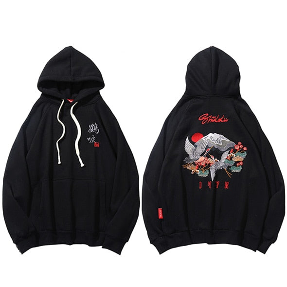 Men Hip Hop Streetwear Hoodie Harajuku Embroidery Crane Kanji