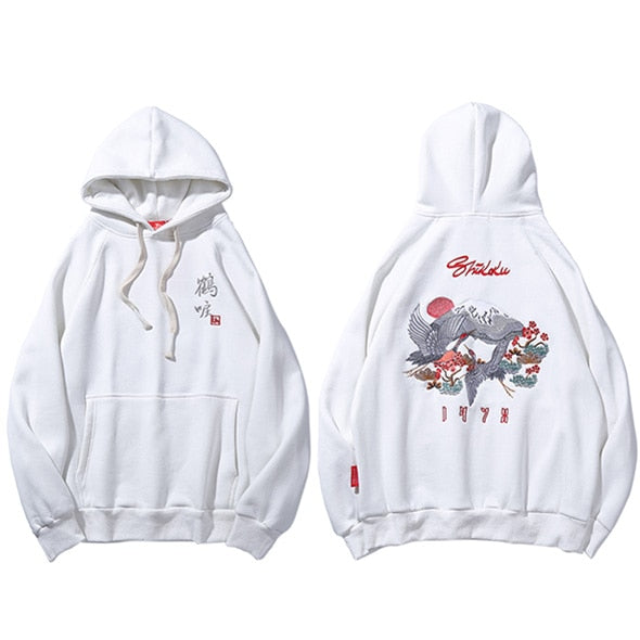 Men Hip Hop Streetwear Hoodie Harajuku Embroidery Crane Kanji